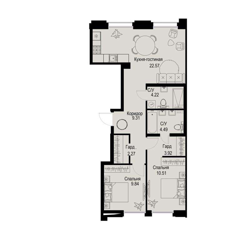2-комнатная квартира №38 в: ID Petrogradskaya: 67.13 м²; этаж: 2 - купить в Санкт-Петербурге