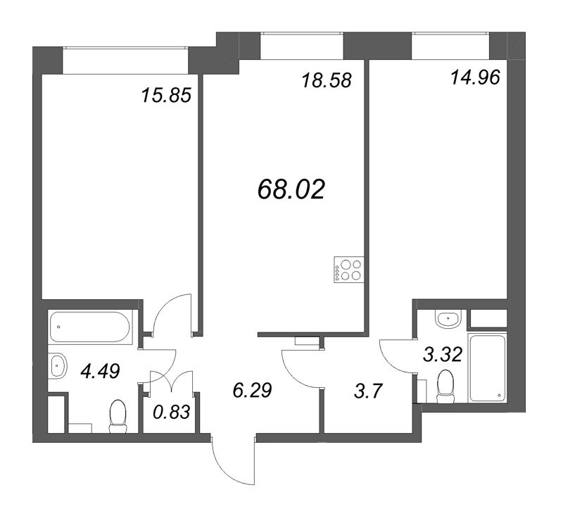 2-комнатная квартира №38 в: ID Petrogradskaya: 68.02 м²; этаж: 3 - купить в Санкт-Петербурге