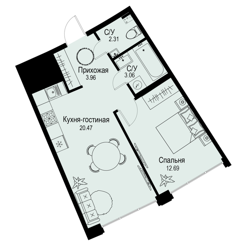 1-комнатная квартира, 42.49 м²; этаж: 2 - купить в Санкт-Петербурге