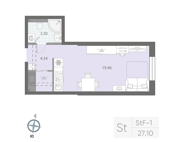 1-комнатная квартира, 27.1 м²; этаж: 5 - купить в Санкт-Петербурге