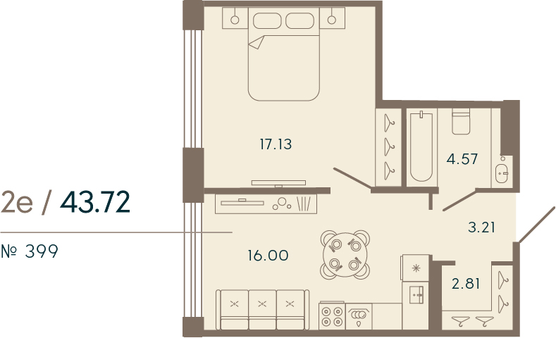 1-комнатная квартира  №399 в 17/33 Петровский остров: 43.72 м², этаж 6 - купить в Санкт-Петербурге