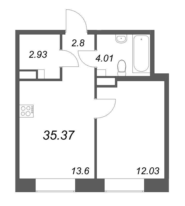 1-комнатная квартира  №287 в ID Petrogradskaya: 35.37 м², этаж 4 - купить в Санкт-Петербурге