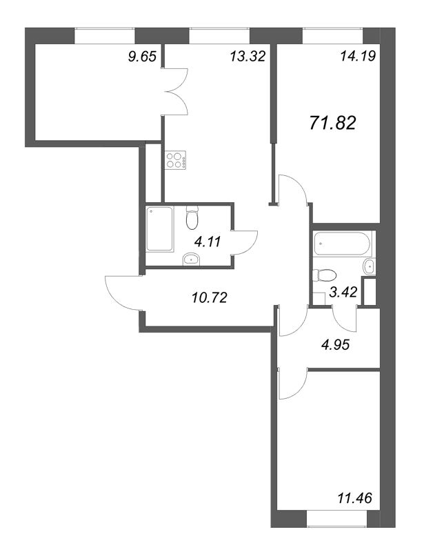 3-комнатная квартира  №811 в ID Petrogradskaya: 71.82 м², этаж 3 - купить в Санкт-Петербурге