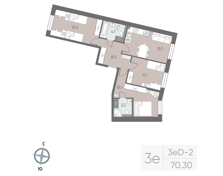 3-комнатная квартира, 70.3 м²; этаж: 5 - купить в Санкт-Петербурге