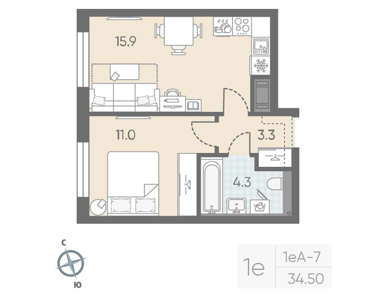 1-комнатная квартира №5 в: Большая Охта: 34.5 м²; этаж: 9 - купить в Санкт-Петербурге