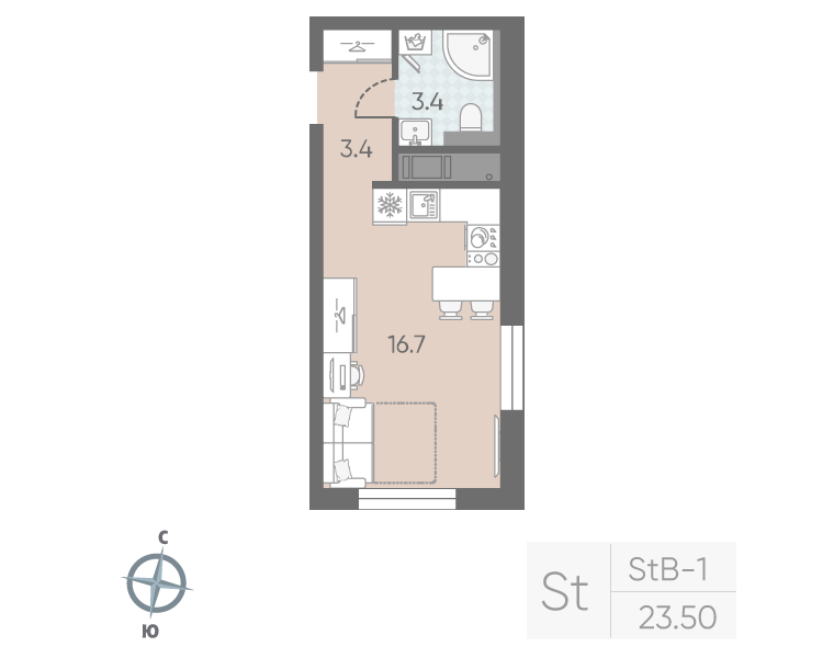 1-комнатная квартира №5 в: Большая Охта: 23.5 м²; этаж: 5 - купить в Санкт-Петербурге