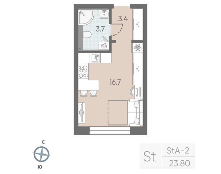 1-комнатная квартира №5 в: Большая Охта: 23.8 м²; этаж: 3 - купить в Санкт-Петербурге