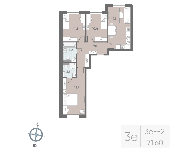 3-комнатная квартира №5 в: «Большая Охта»: 71.6 м²; этаж: 3 - купить в Санкт-Петербурге