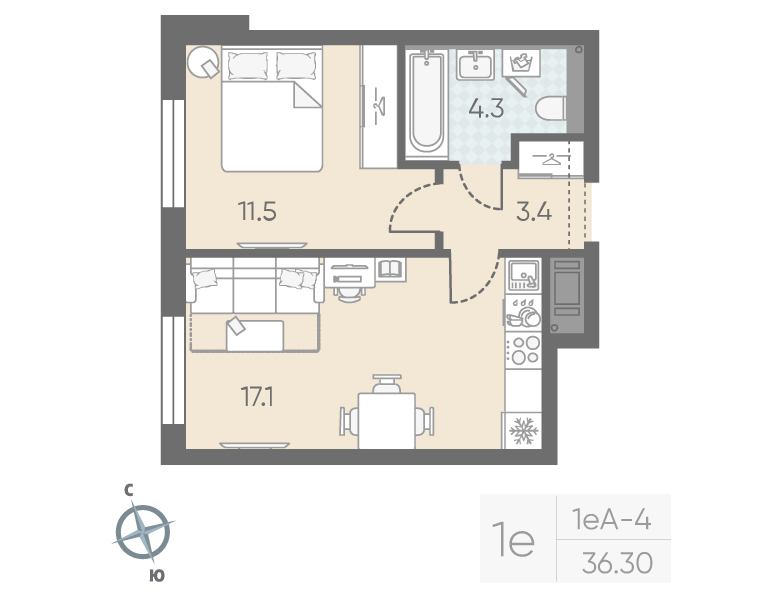 1-комнатная квартира №5 в: Большая Охта: 36.3 м²; этаж: 5 - купить в Санкт-Петербурге