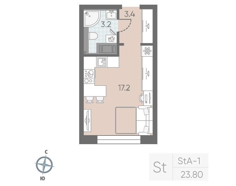 1-комнатная квартира №5 в: Большая Охта: 23.8 м²; этаж: 6 - купить в Санкт-Петербурге