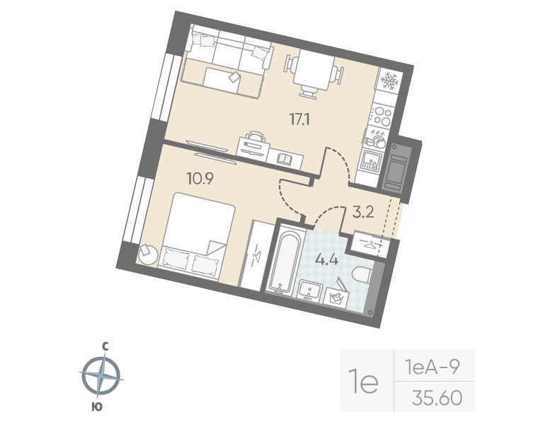 1-комнатная квартира  №102 в Большая Охта: 35.6 м², этаж 5 - купить в Санкт-Петербурге