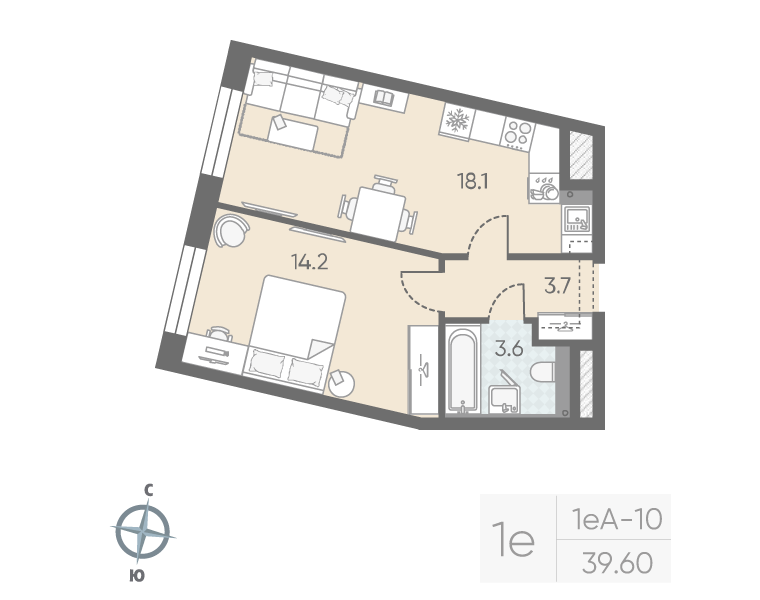 1-комнатная квартира, 39.6 м²; этаж: 3 - купить в Санкт-Петербурге
