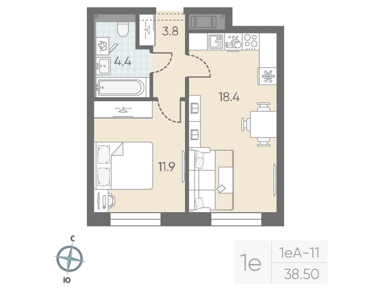 1-комнатная квартира  №117 в Большая Охта: 38.5 м², этаж 6 - купить в Санкт-Петербурге