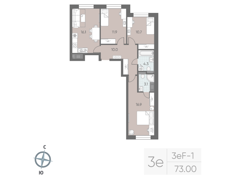 3-комнатная квартира №5 в: «Большая Охта»: 73 м²; этаж: 5 - купить в Санкт-Петербурге