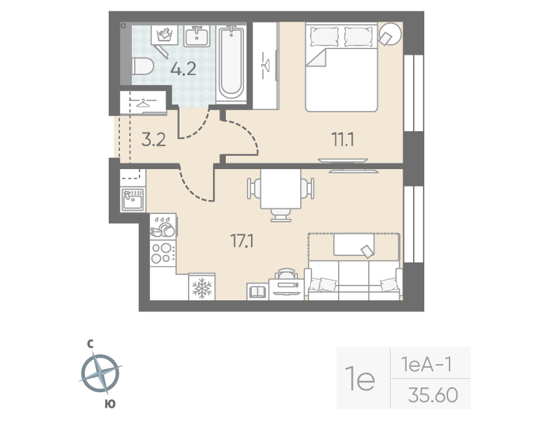 1-комнатная квартира, 35.6 м²; этаж: 3 - купить в Санкт-Петербурге