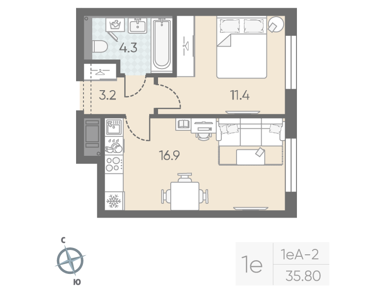 1-комнатная квартира, 35.8 м²; этаж: 4 - купить в Санкт-Петербурге