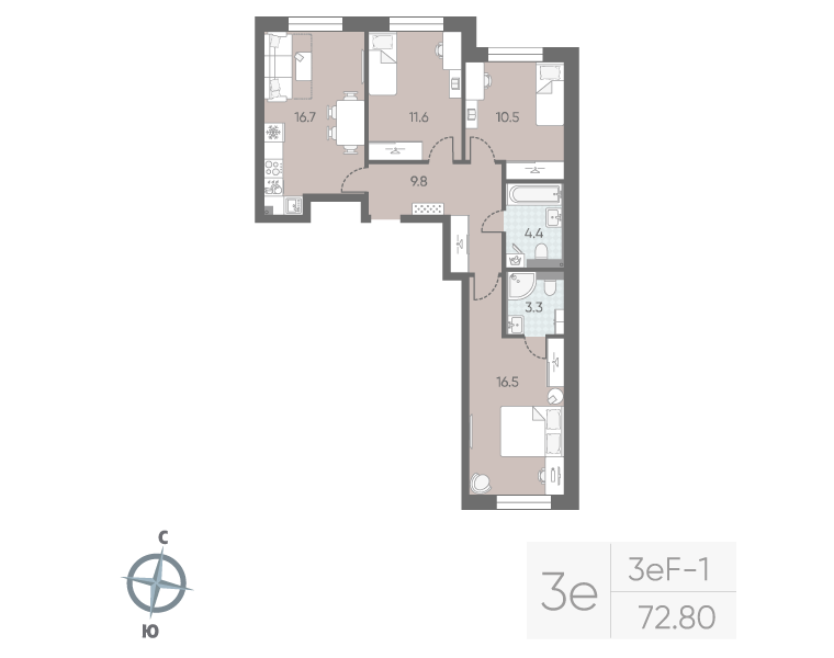 3-комнатная квартира №5 в: «Большая Охта»: 72.8 м²; этаж: 3 - купить в Санкт-Петербурге