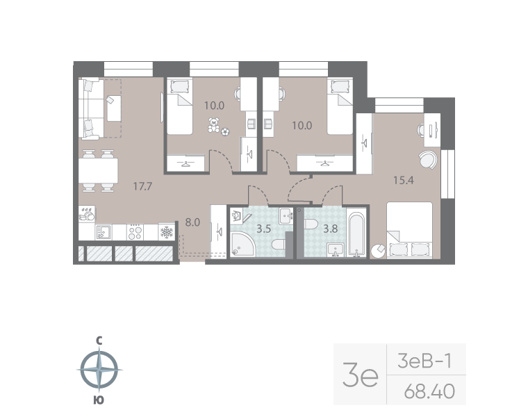 3-комнатная квартира №5 в: «Большая Охта»: 68.4 м²; этаж: 2 - купить в Санкт-Петербурге