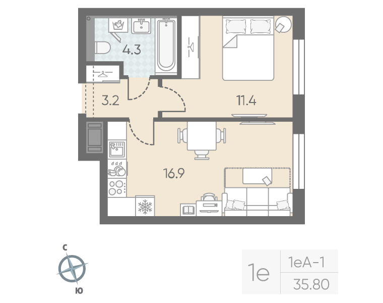 1-комнатная квартира №5 в: Большая Охта: 35.8 м²; этаж: 8 - купить в Санкт-Петербурге