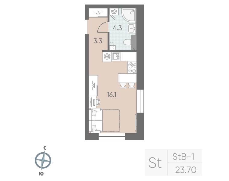 1-комнатная квартира №5 в: Большая Охта: 23.7 м²; этаж: 3 - купить в Санкт-Петербурге