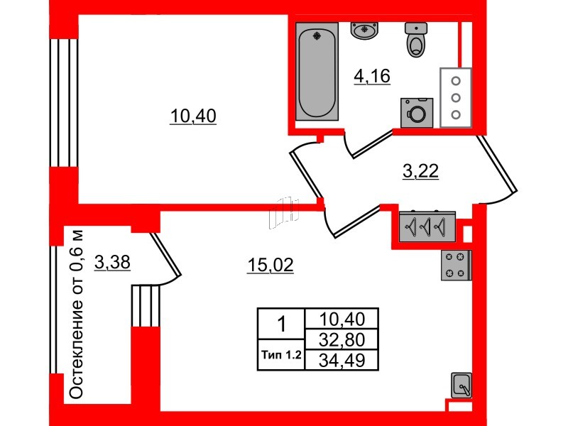 1-комнатная квартира, 32.8 м²; этаж: 11 - купить в Санкт-Петербурге