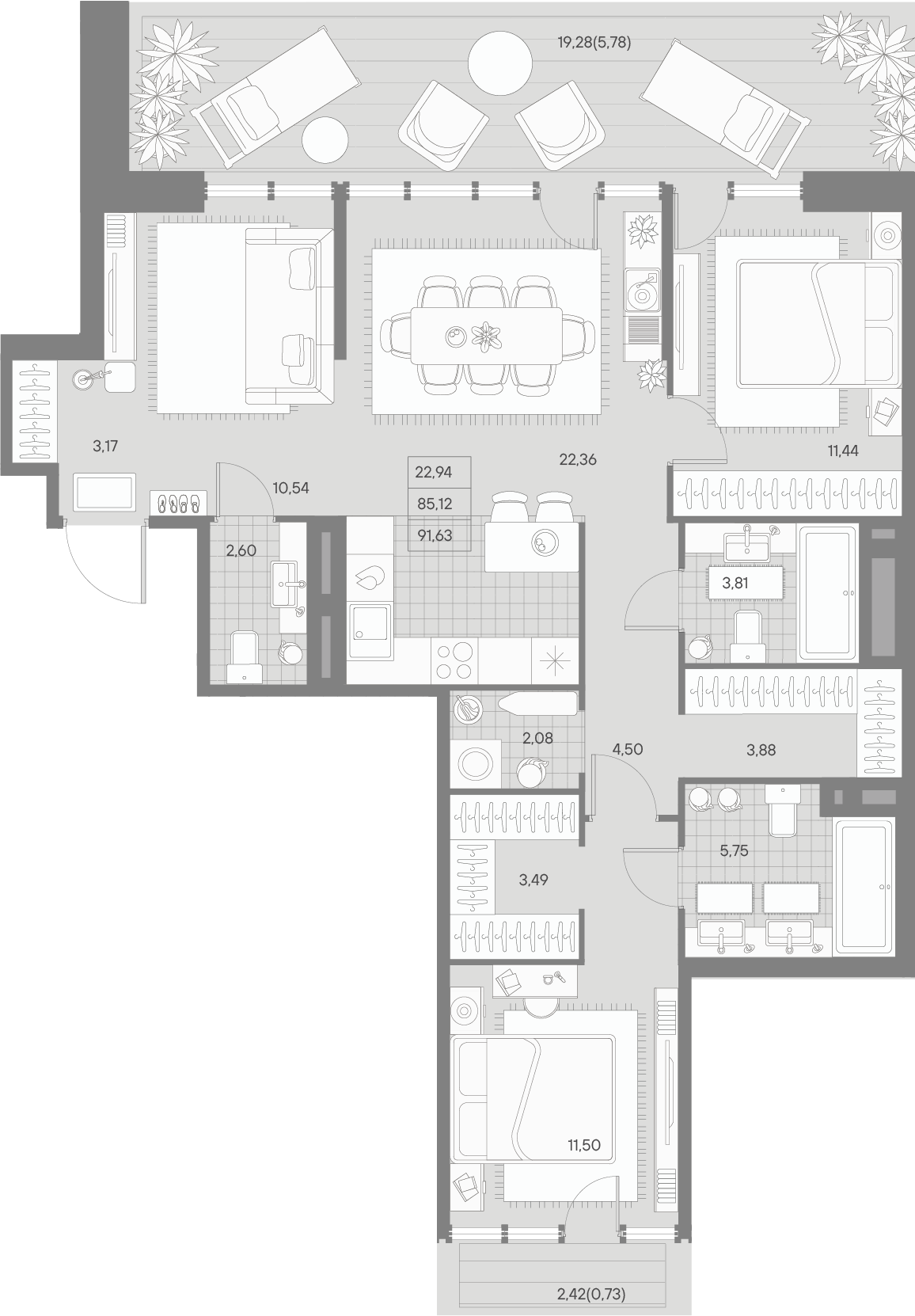 3-комнатная квартира  №160 в Avant: 91.23 м², этаж 9 - купить в Санкт-Петербурге