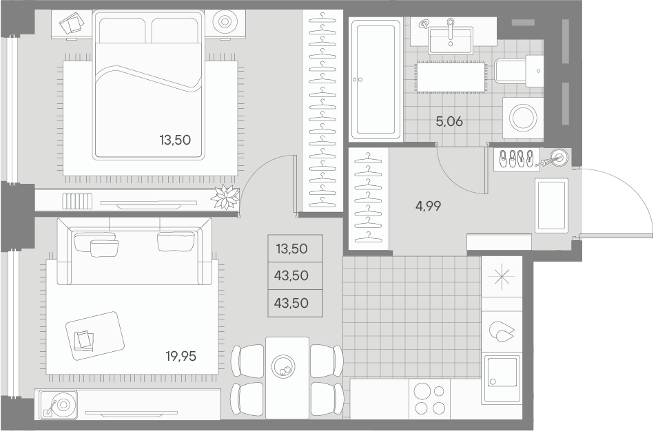 1-комнатная квартира  №439 в Avant: 44.66 м², этаж 9 - купить в Санкт-Петербурге