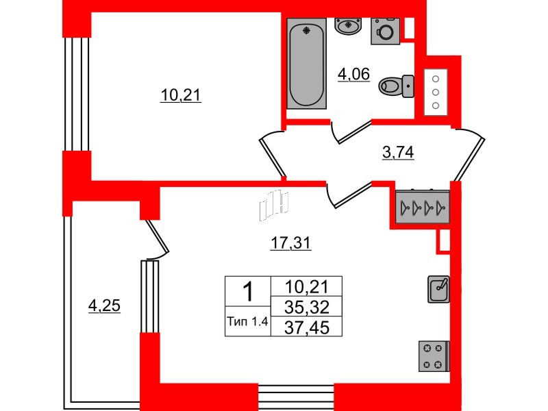 1-комнатная квартира, 35.32 м²; этаж: 2 - купить в Санкт-Петербурге