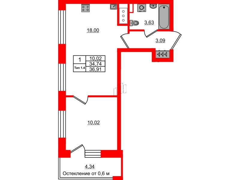 1-комнатная квартира, 34.74 м²; этаж: 4 - купить в Санкт-Петербурге