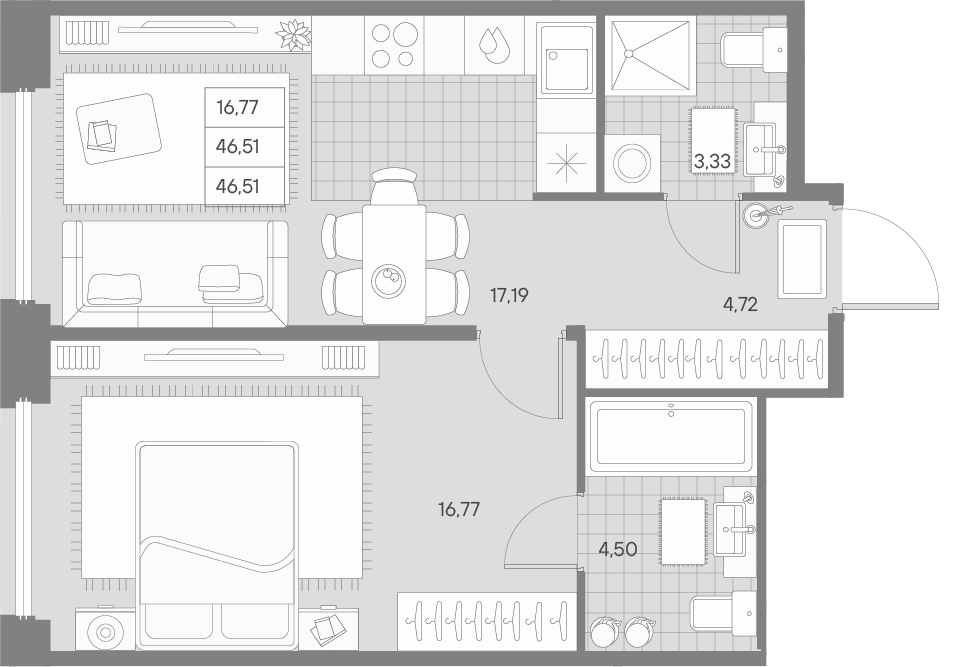 1-комнатная квартира  №212 в Avant: 46.51 м², этаж 9 - купить в Санкт-Петербурге
