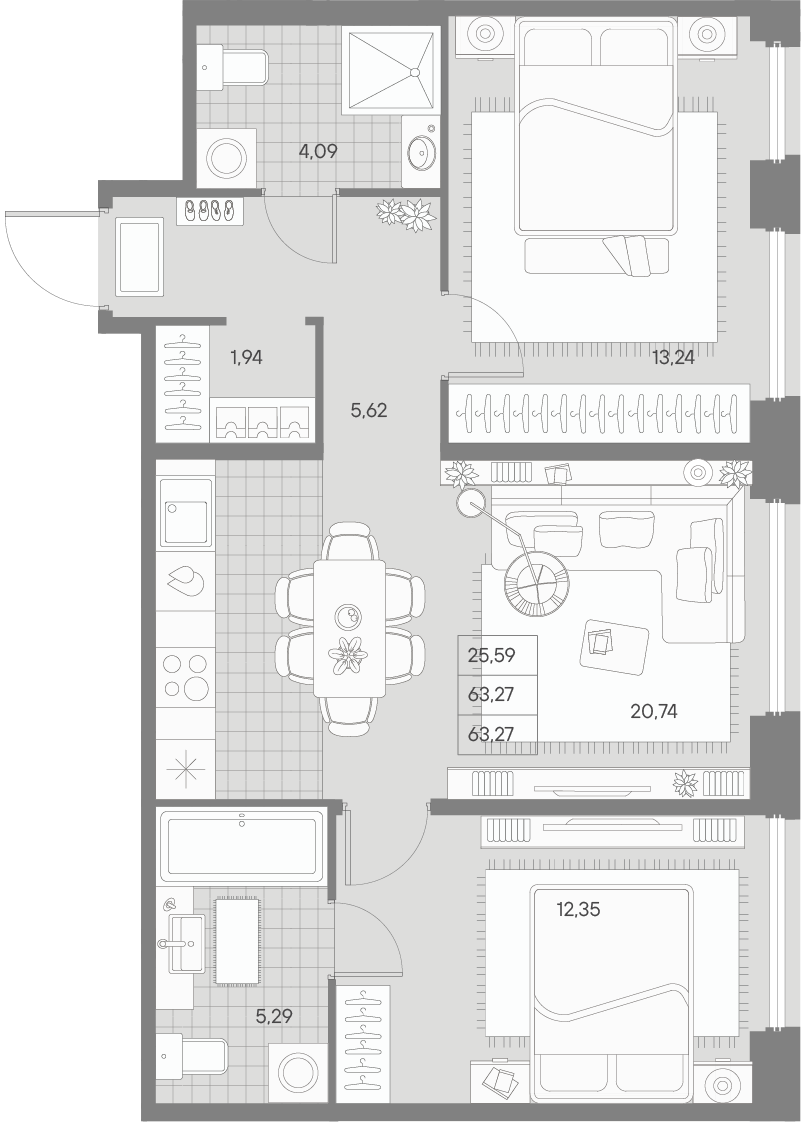 2-комнатная квартира  №289 в Avant: 63.27 м², этаж 9 - купить в Санкт-Петербурге