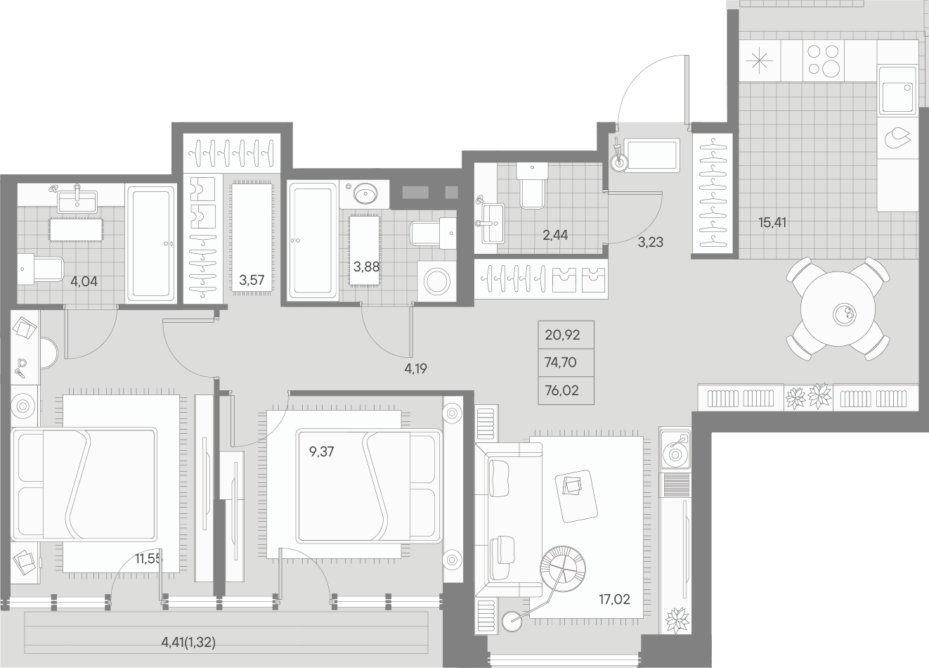 2-комнатная квартира  №338 в Avant: 75.49 м², этаж 9 - купить в Санкт-Петербурге