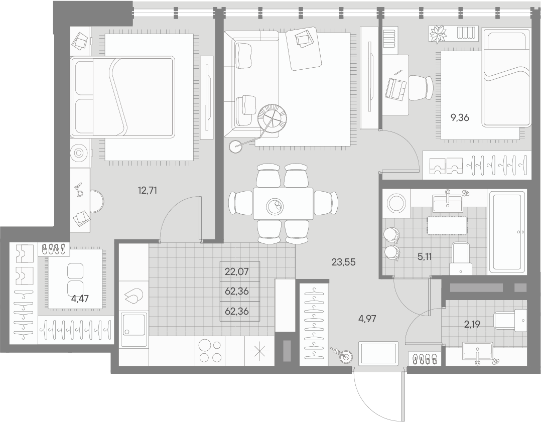 2-комнатная квартира  №337 в Avant: 64.19 м², этаж 9 - купить в Санкт-Петербурге