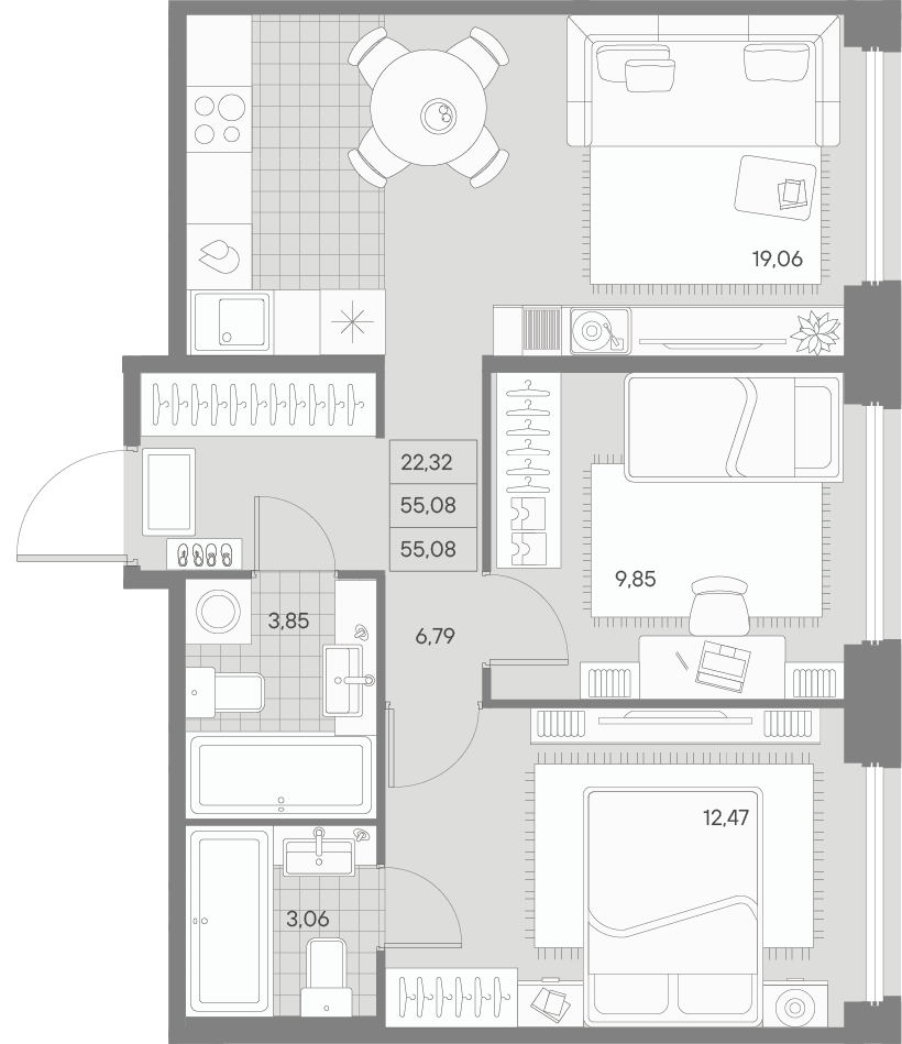 2-комнатная квартира  №75 в Avant: 55.69 м², этаж 9 - купить в Санкт-Петербурге