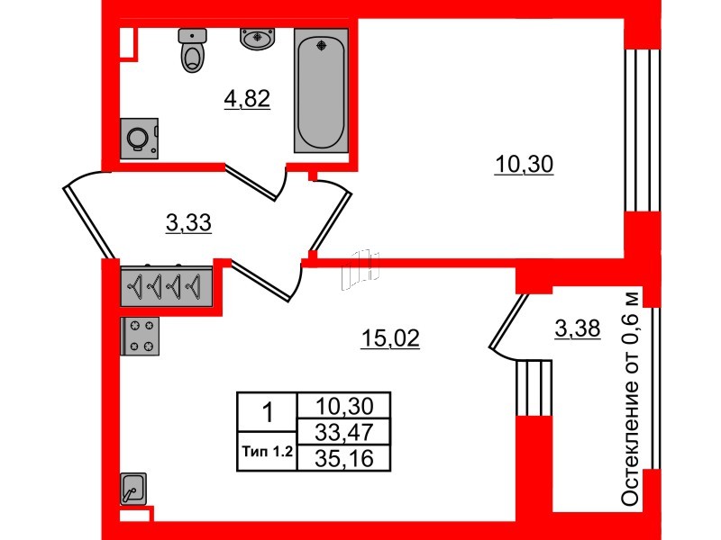 1-комнатная квартира, 33.47 м²; этаж: 1 - купить в Санкт-Петербурге