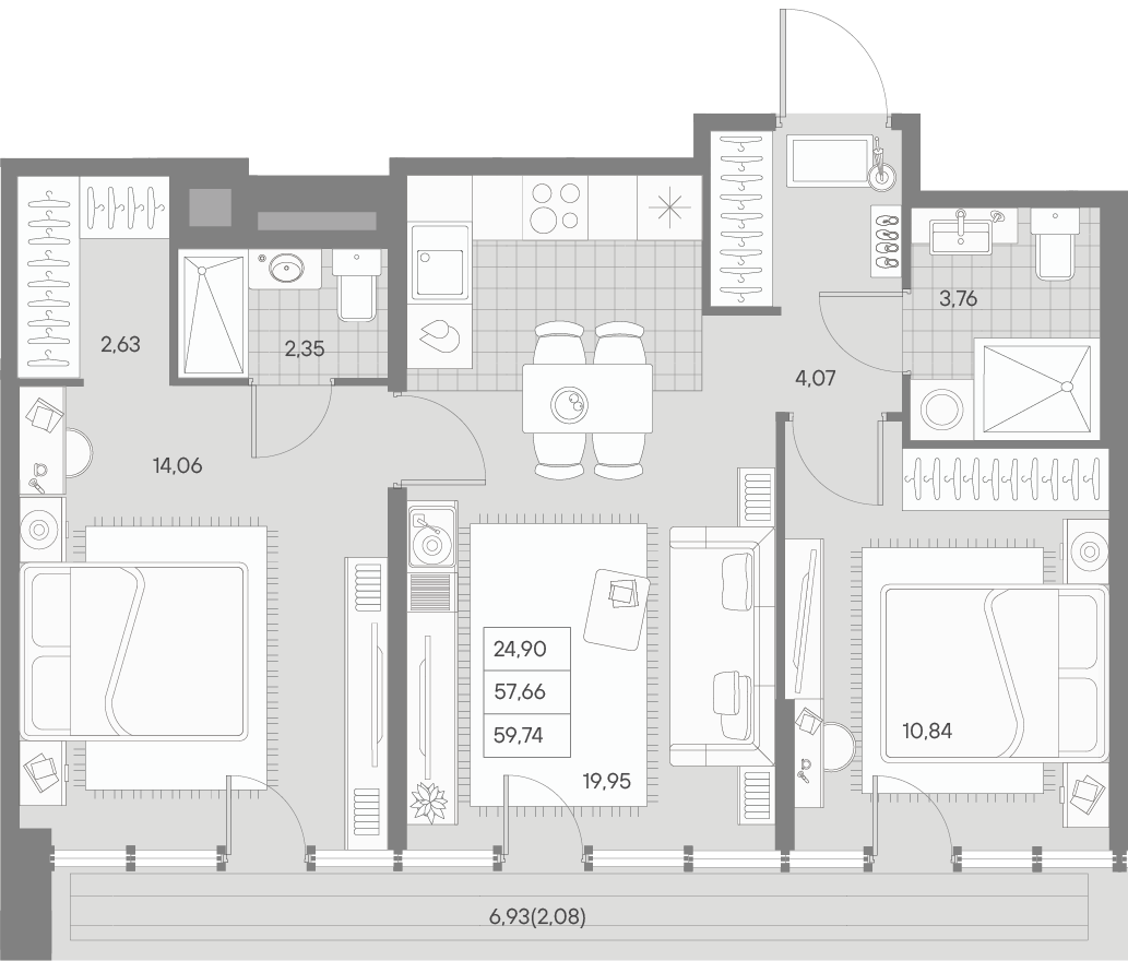 2-комнатная квартира  №339 в Avant: 58.97 м², этаж 9 - купить в Санкт-Петербурге