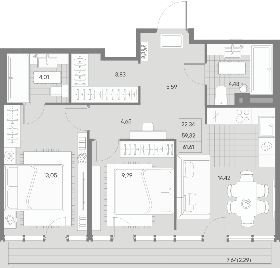 2-комнатная квартира  №161 в Avant: 60.73 м², этаж 9 - купить в Санкт-Петербурге