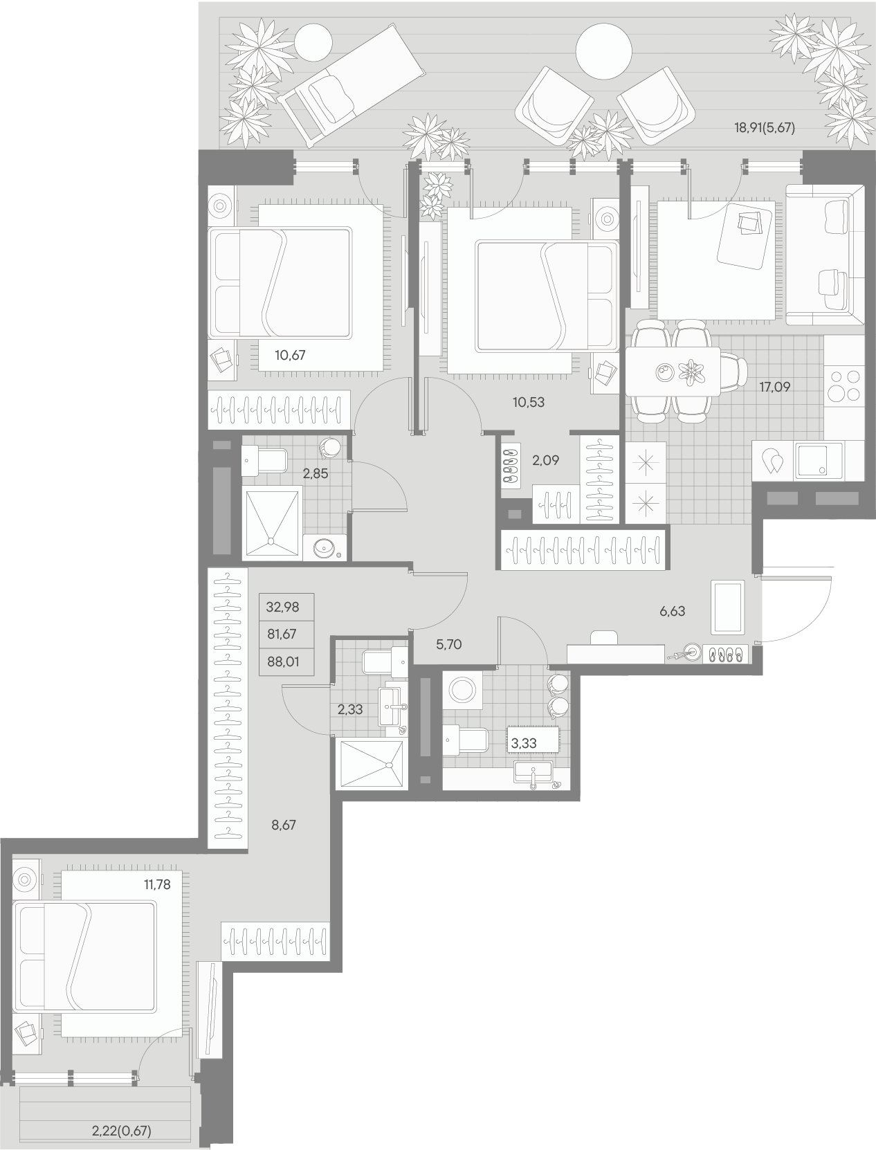 3-комнатная квартира  №215 в Avant: 87.64 м², этаж 9 - купить в Санкт-Петербурге