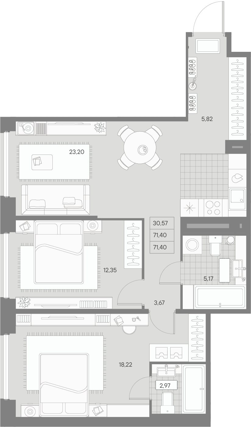 2-комнатная квартира  №381 в Avant: 73.12 м², этаж 9 - купить в Санкт-Петербурге
