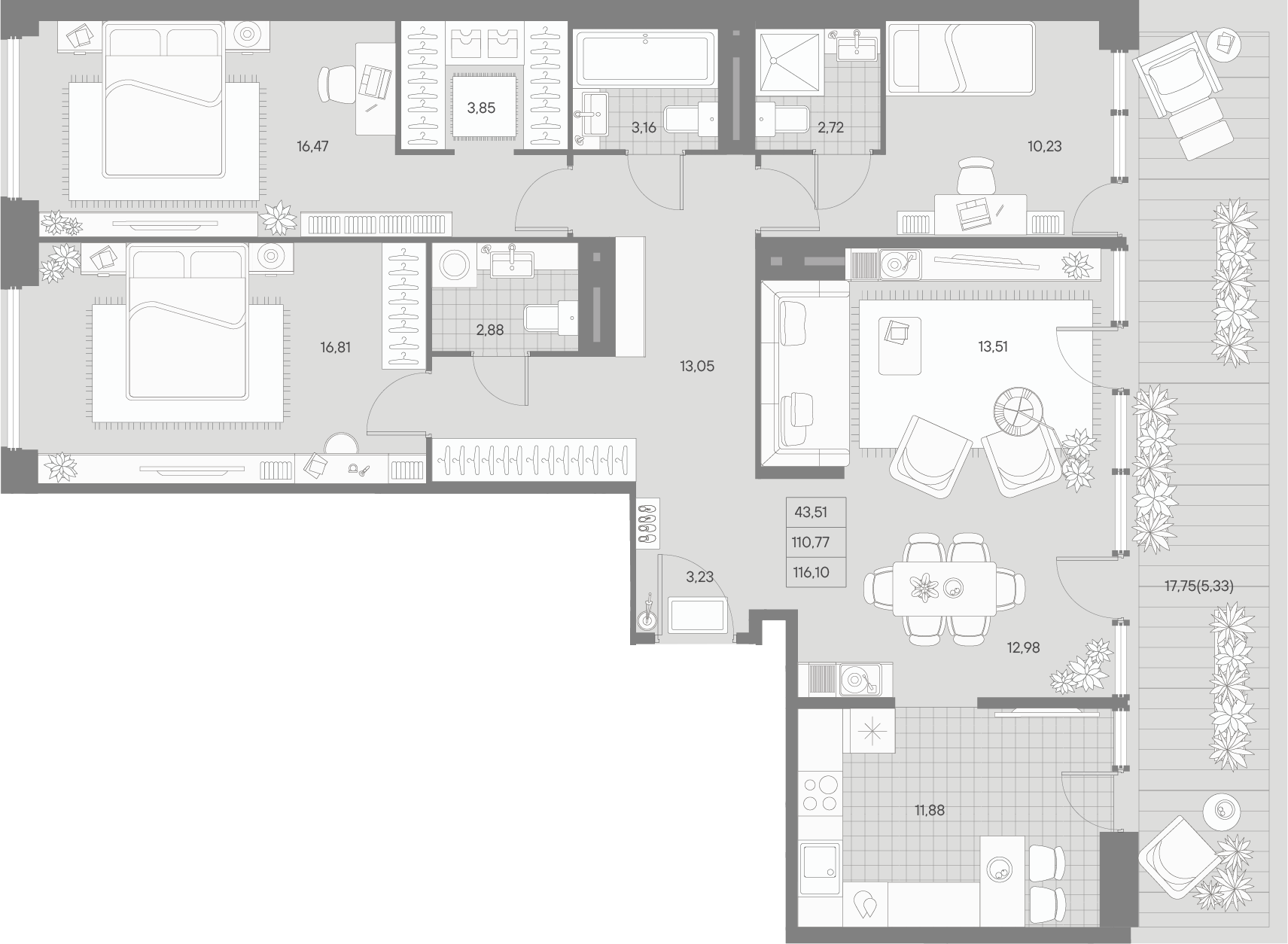 4-комнатная квартира  №440 в Avant: 118.07 м², этаж 9 - купить в Санкт-Петербурге