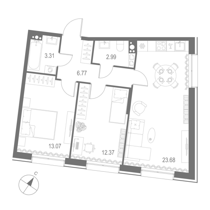 2-комнатная квартира  №570 в Остров Первых: 62.19 м², этаж 4 - купить в Санкт-Петербурге