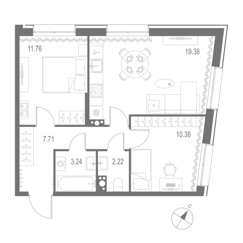 2-комнатная квартира  №382 в Остров Первых: 54.69 м², этаж 5 - купить в Санкт-Петербурге