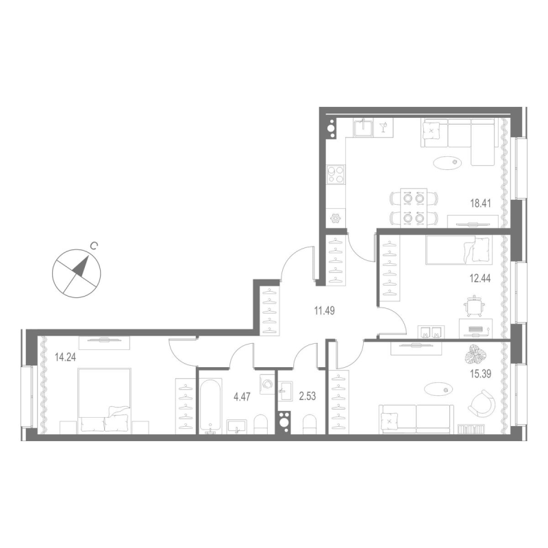 3-комнатная квартира  №561 в Остров Первых: 78.97 м², этаж 7 - купить в Санкт-Петербурге