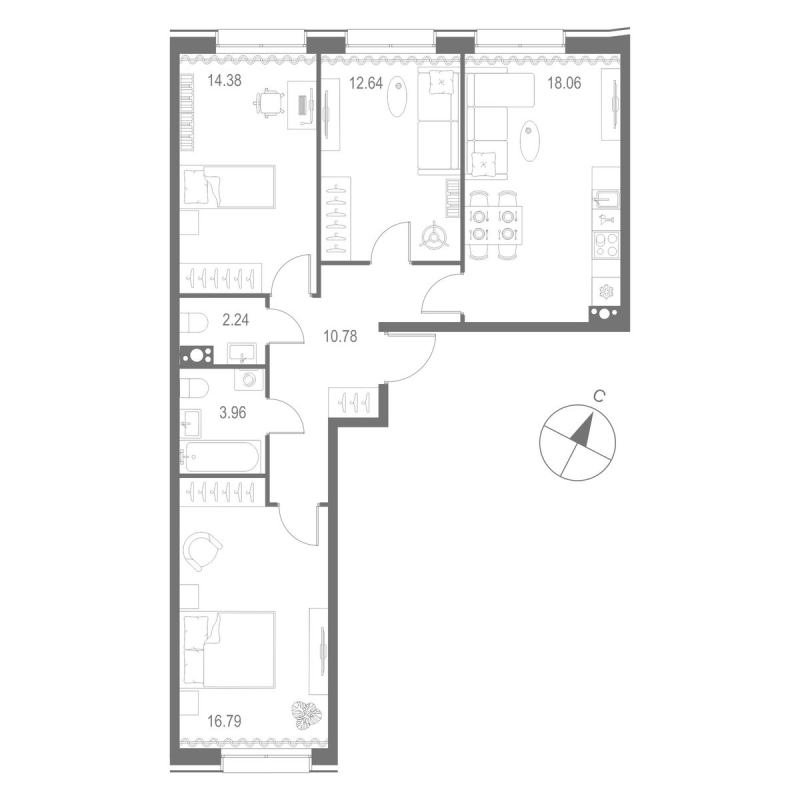 3-комнатная квартира  №609 в Остров Первых: 78.85 м², этаж 7 - купить в Санкт-Петербурге