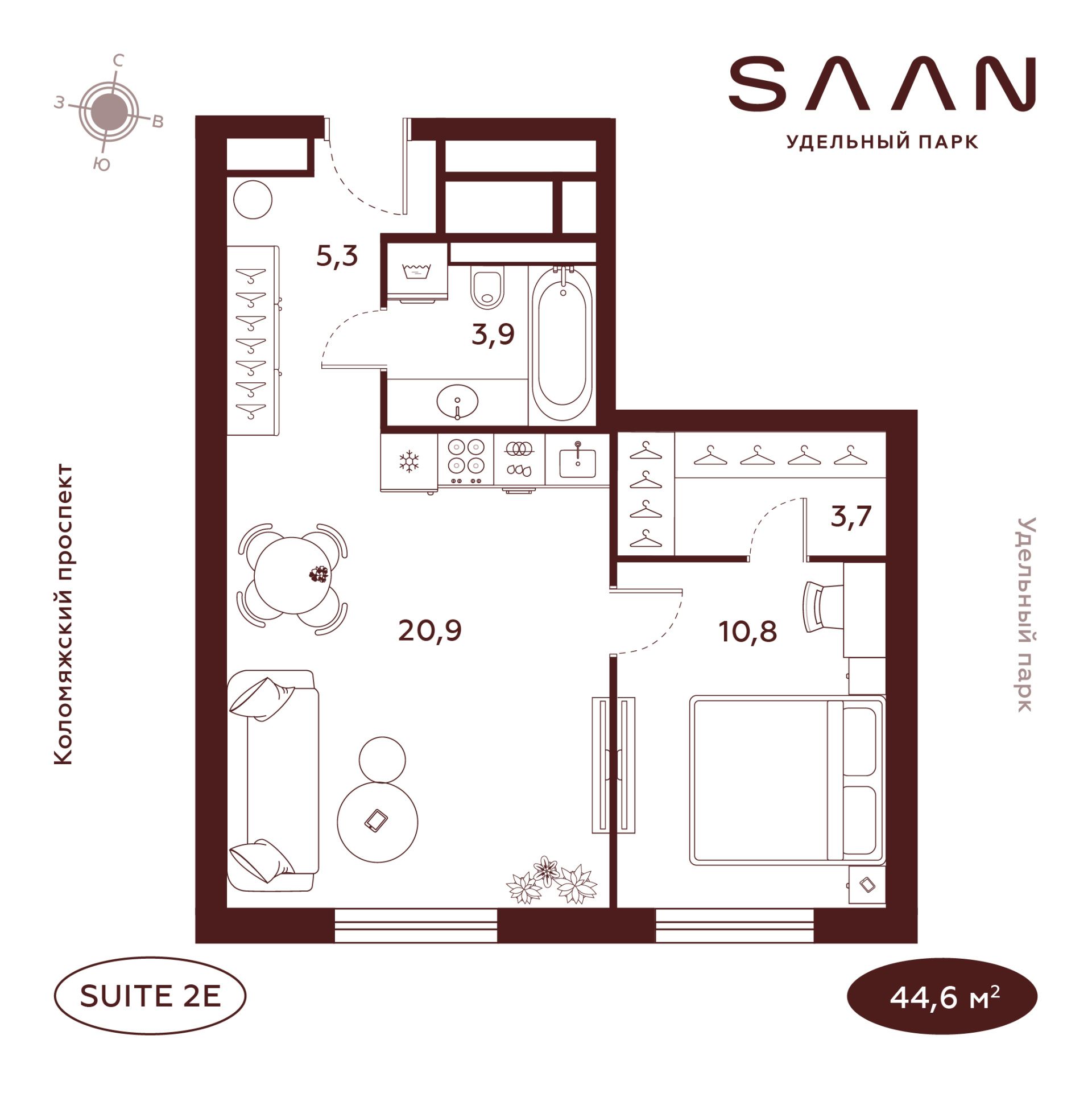1-комнатная квартира  №23.5 в Saan: 44.6 м², этаж 23 - купить в Санкт-Петербурге