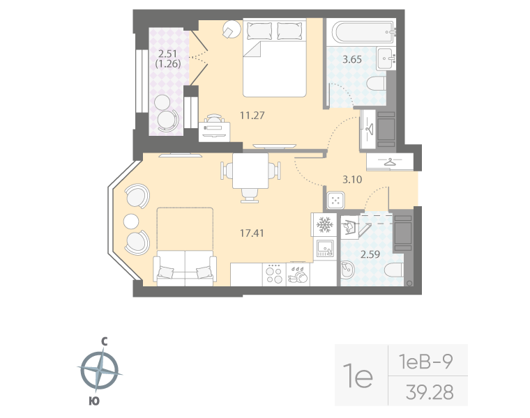 1-комнатная квартира  №237 в Цивилизация на Неве: 39.28 м², этаж 7 - купить в Санкт-Петербурге
