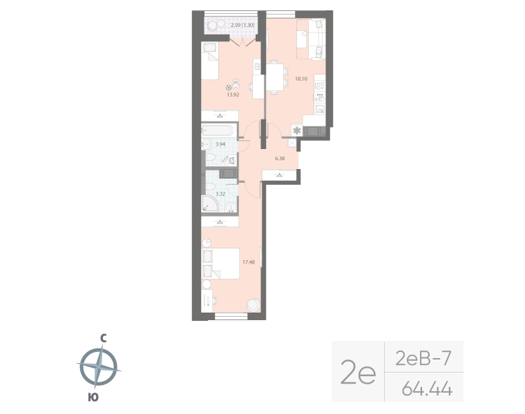 2-комнатная квартира, 64.44 м²; этаж: 7 - купить в Санкт-Петербурге