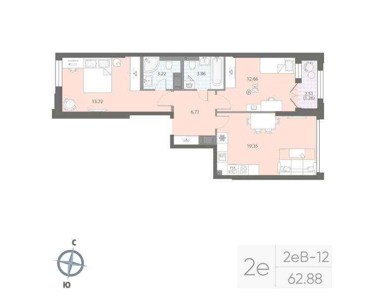2-комнатная квартира  №639 в Цивилизация на Неве: 62.88 м², этаж 16 - купить в Санкт-Петербурге