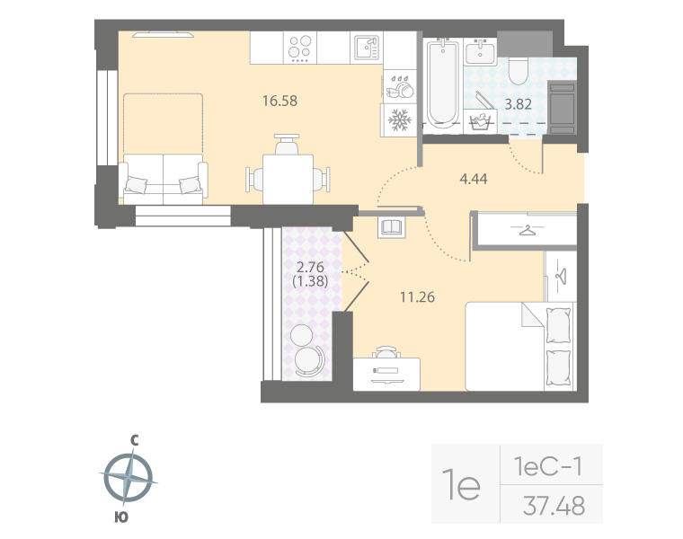 1-комнатная квартира  №322 в Цивилизация на Неве: 37.48 м², этаж 7 - купить в Санкт-Петербурге