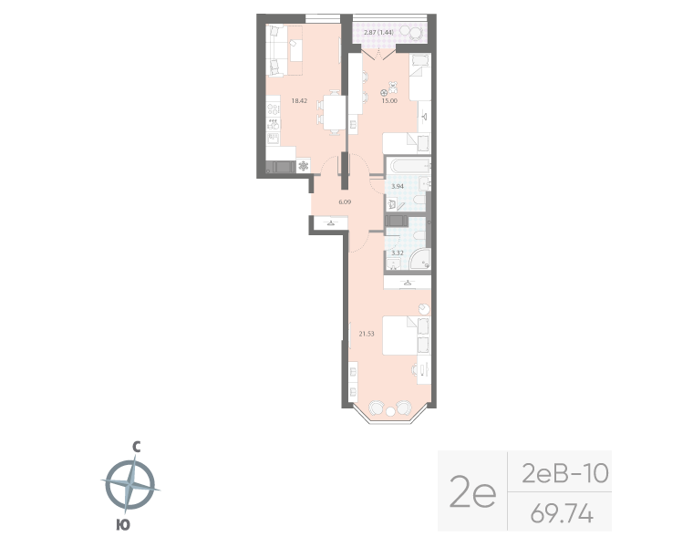 2-комнатная квартира  №490 в Цивилизация на Неве: 69.74 м², этаж 7 - купить в Санкт-Петербурге